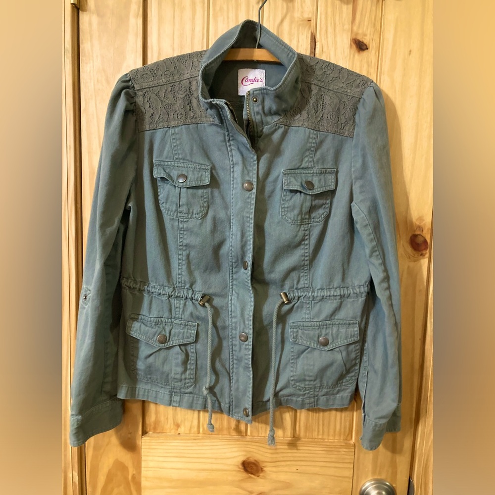 Candie’s size L 100% cotton denim, army green jacket with lace detail